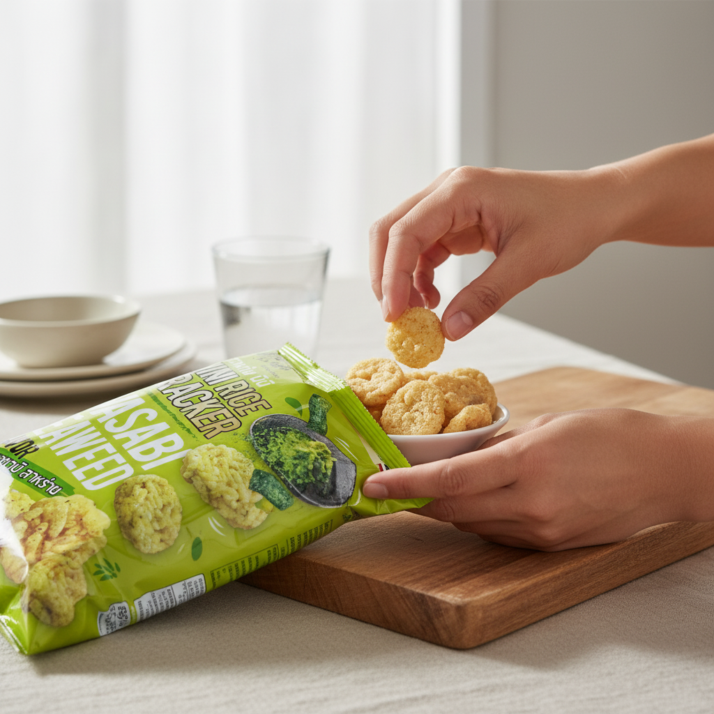 Person picking up a cracker from a green package on a table with a bowl of crackers.