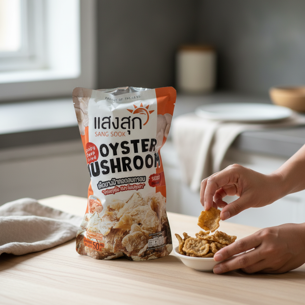 Person dipping oyster mushroom snack into a bowl with a package of Sang Sook Oyster Mushroom on a table.