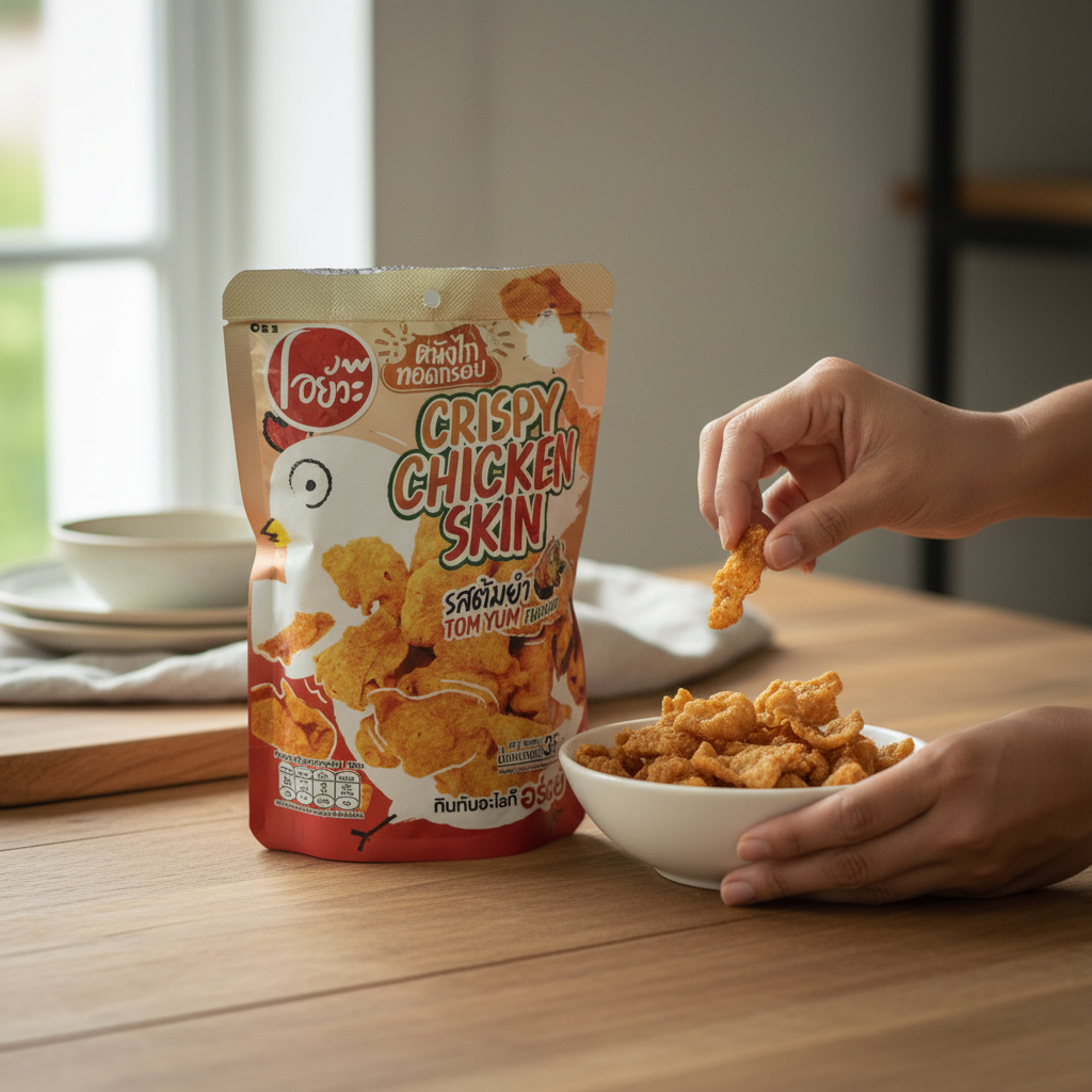 Person eating crispy chicken skin from a bowl next to a package on a wooden table.