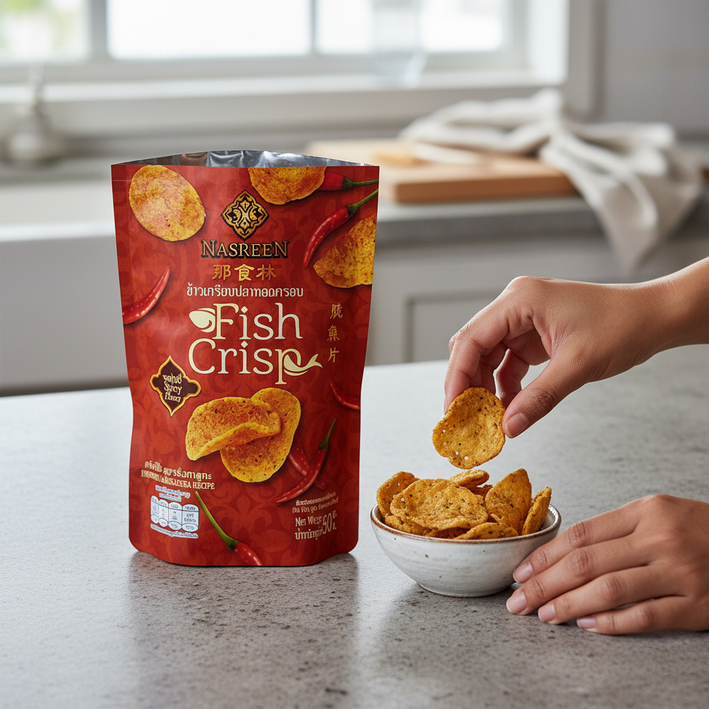 Person taking a fish crisp from a bowl next to a red bag of Nasreen Fish Crisp on a kitchen counter.