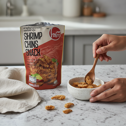 Person eating shrimp chins snack from a bowl with a package of the snack in the background.