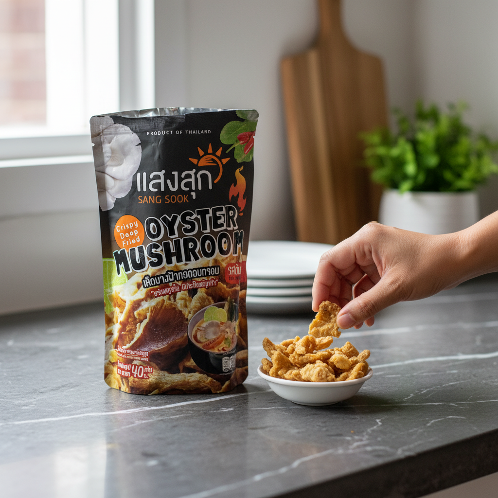 Hand picking oyster mushroom snacks from a bag on a kitchen counter.