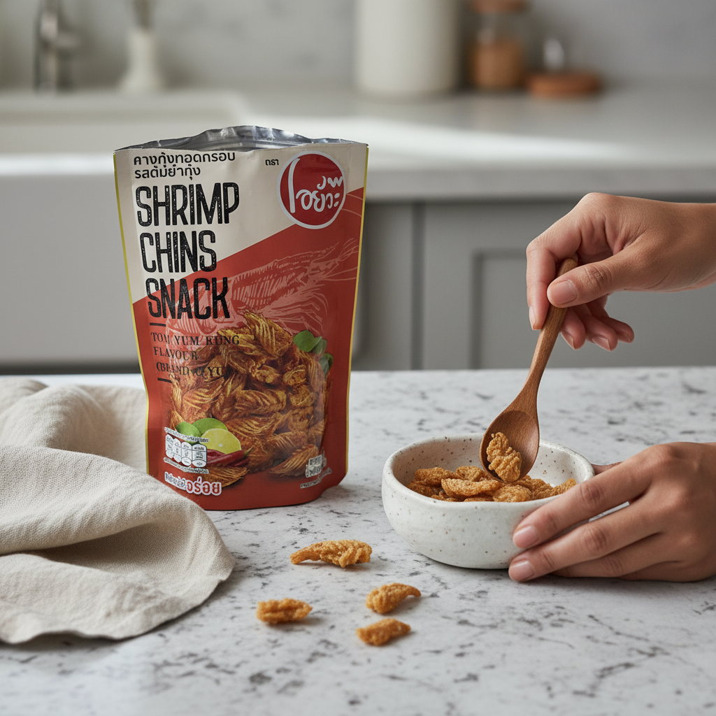 Snacking on tom yum shrimp chin from a bowl