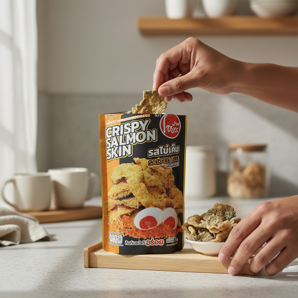 Person opening a package of 'Crispy Salmon Skin' snacks in a kitchen setting.