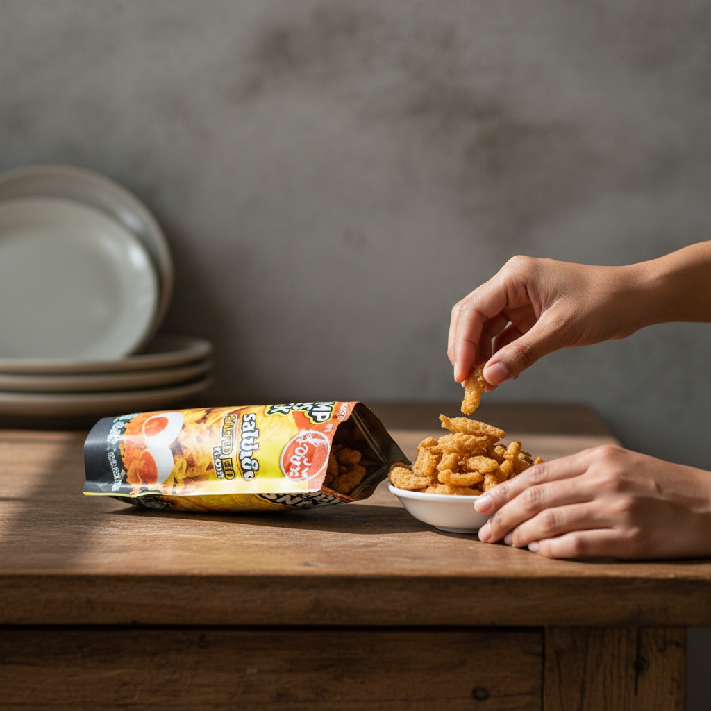 Person picking up a shrimp chin snack from a bag on a wooden table with a neutral background