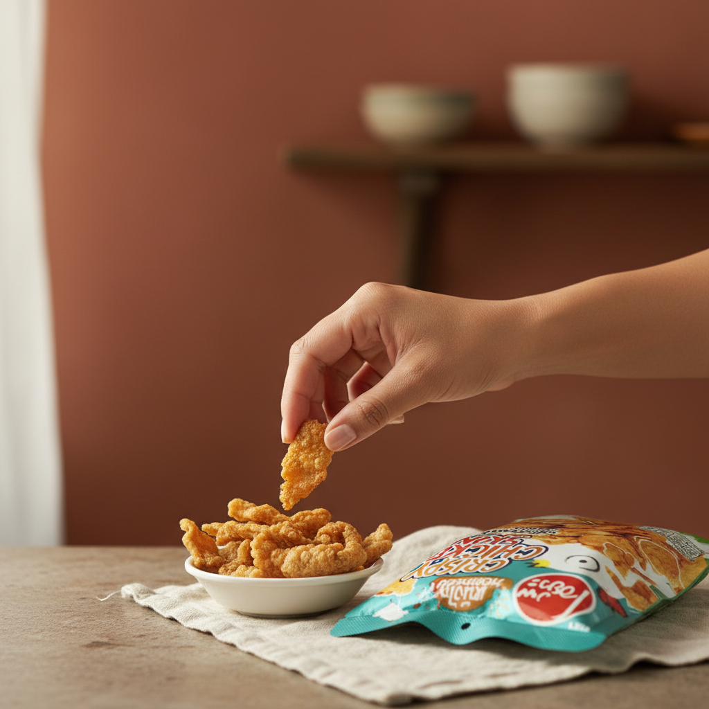 Hand picking a fried chicken skin from a bowl with aChicken Skin packaging on a wooden table.