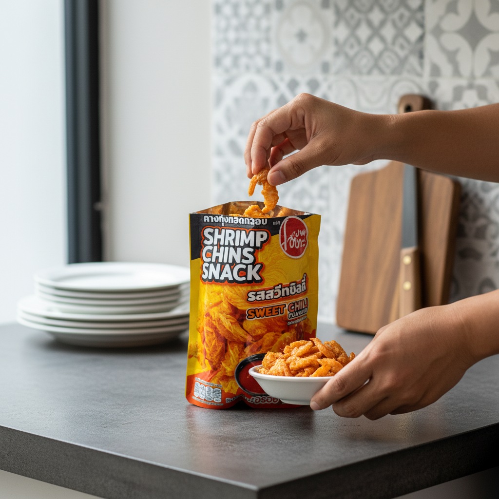 Person opening a pack of Shrimp Chins Snack on a kitchen counter.