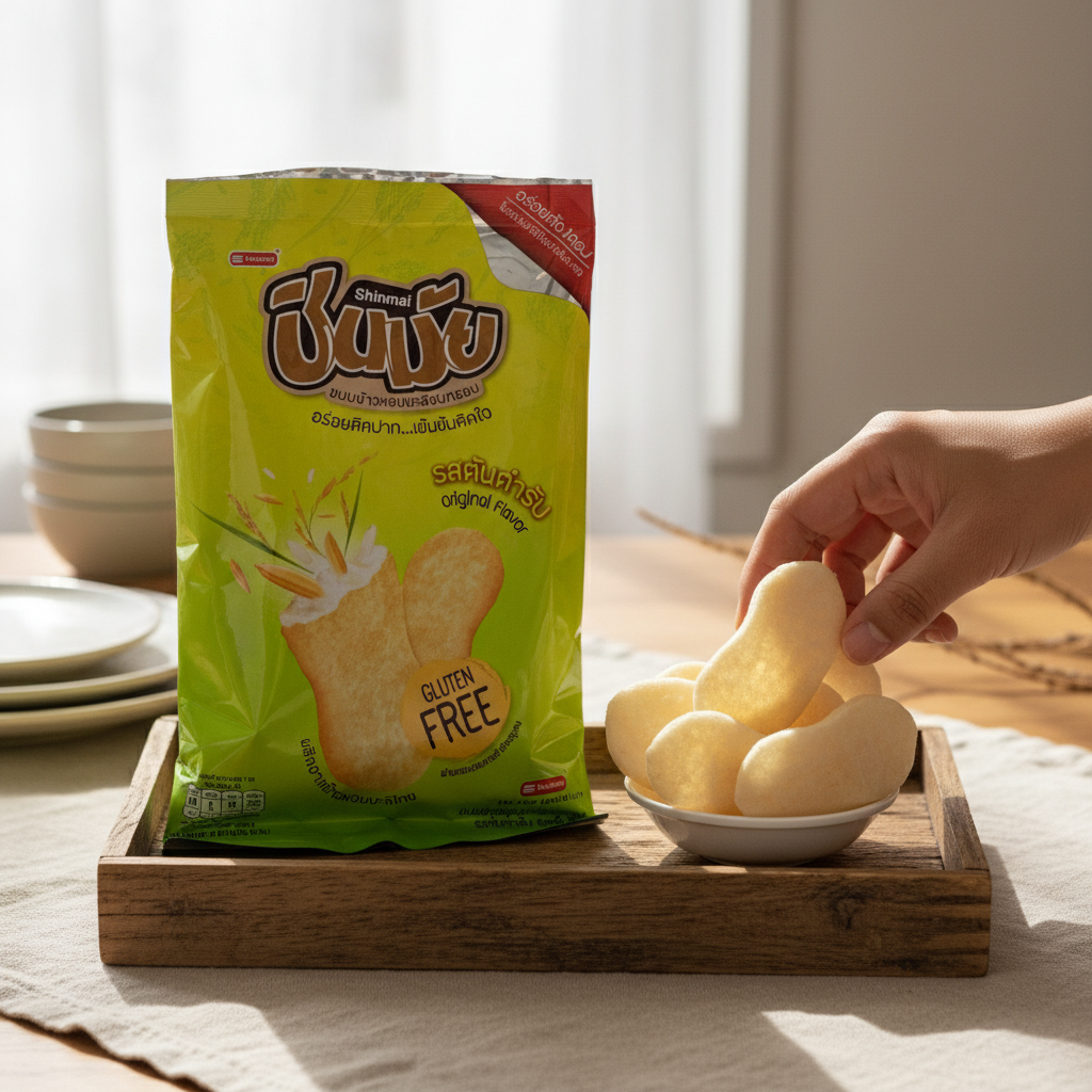Hand picking a japanese rice cracker from a bowl next to a green packet on a wooden tray.