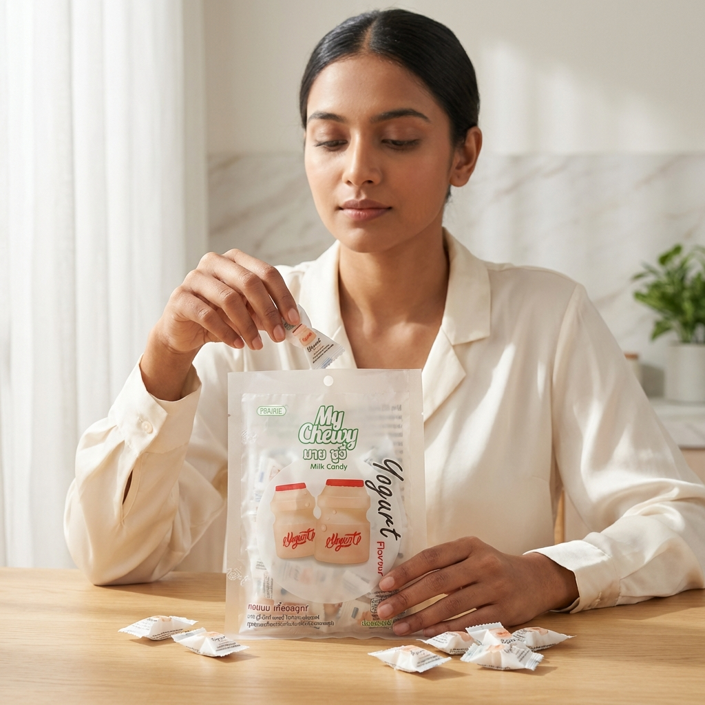 Woman holding a package of 'My Cheery' yogurt with a blurred background