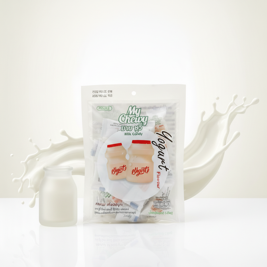 My Chewy candy yogurt flavourPackage with a splash of milk on a white background