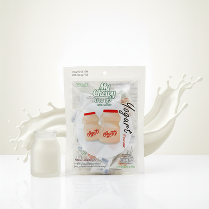 My Chewy candy yogurt flavourPackage with a splash of milk on a white background
